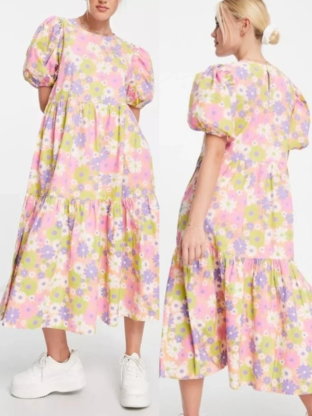 Jacqueline De Yong Puff Sleeve Tiered Midi Dress S Pastel Floral 100% Cotton 36